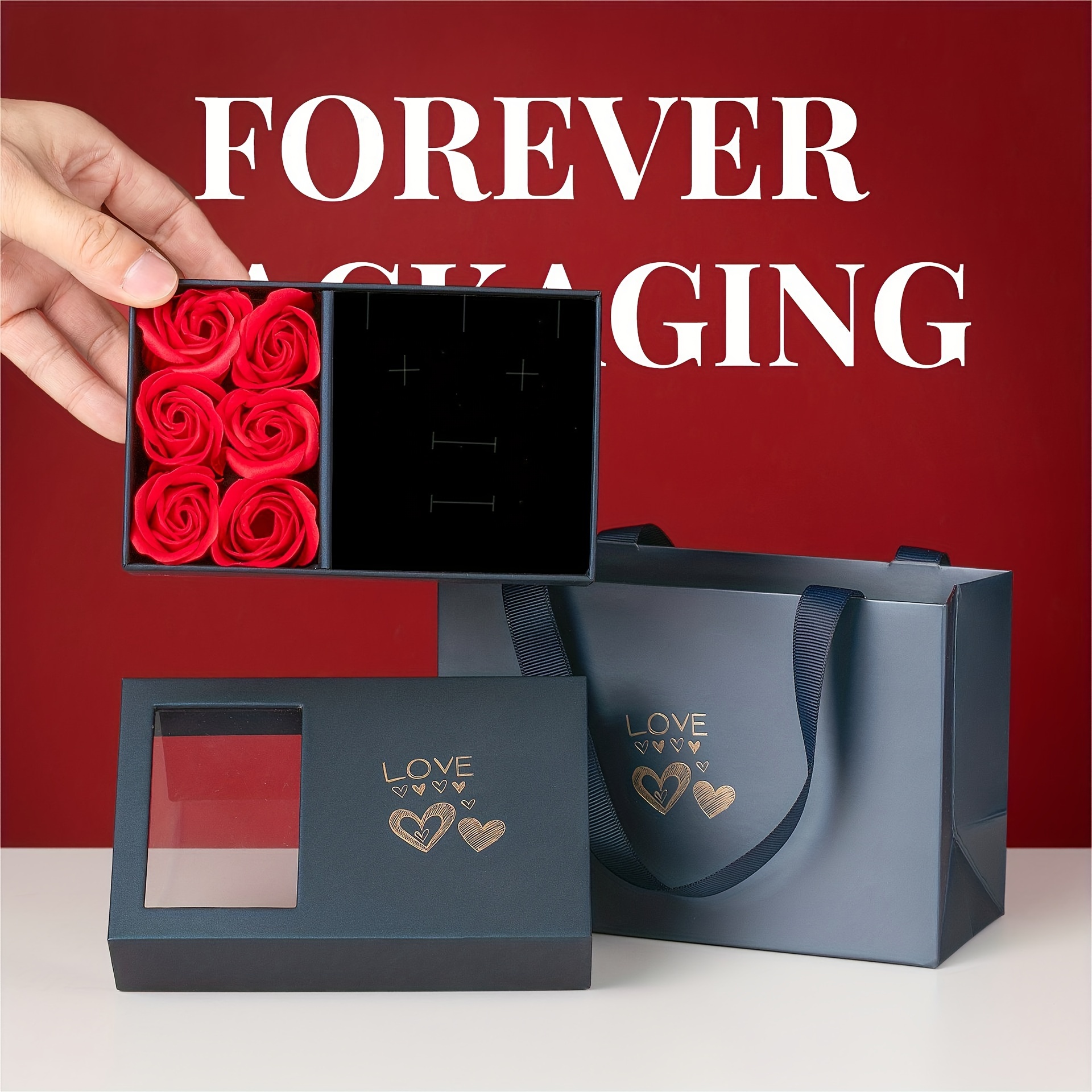 

1pc Elegant Gift Packaging Box Set Within Confession Card & 6pcs Simulation Rose Flower Jewelry Box & Gift Bag