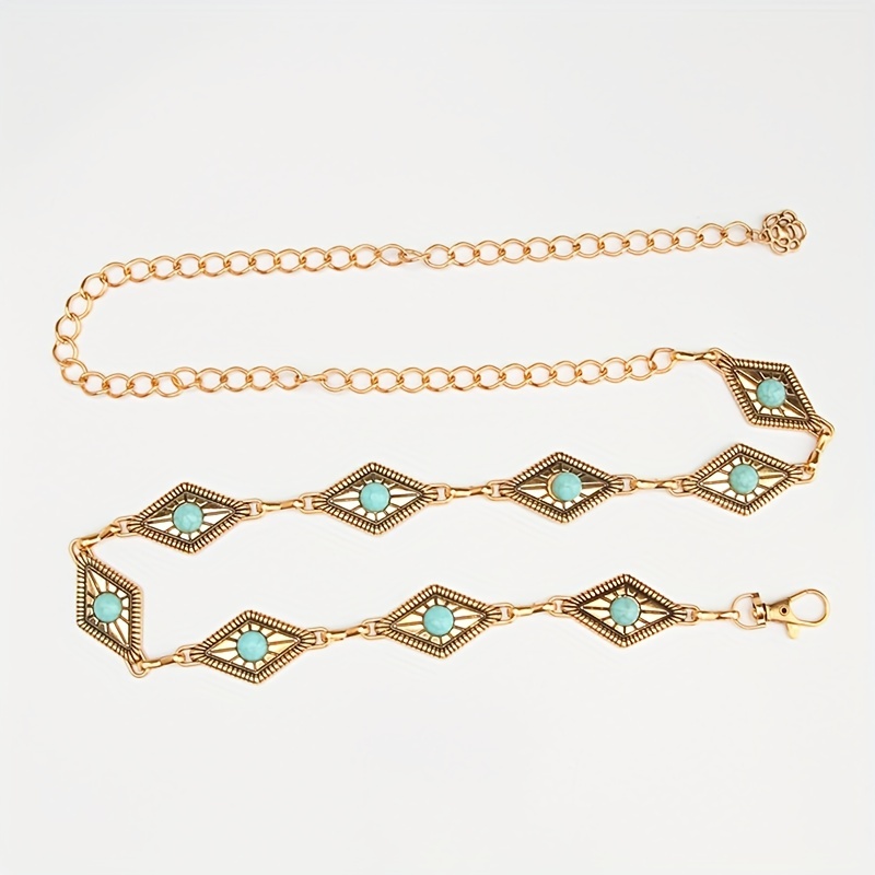 Boho Turquoise Inlay Waist Chain Golden Metal Openwork Belly Chain