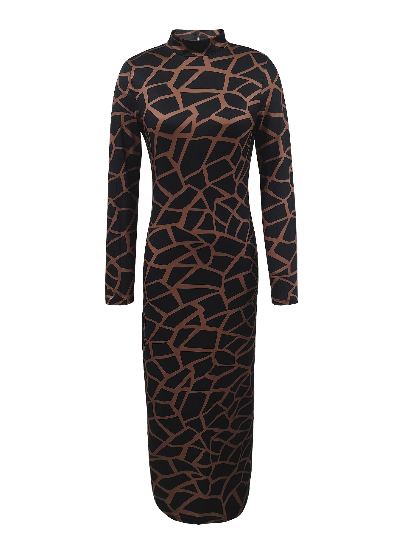 All Over Print Mock Neck Dress, Casual Long Sleeve Bodycon Dress