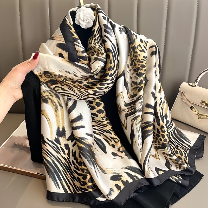 Leopard Print Satin Scarf Classic Oil Painting Pattern Shawl