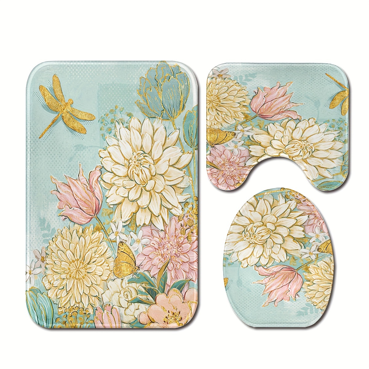 TEMU 3-piece Floral Bathroom Rug Set: U-shaped Toilet Seat Cover, Bath Mat, And Rug - Soft, Machine Washable, And Lightweight For Your Bathroom Decor