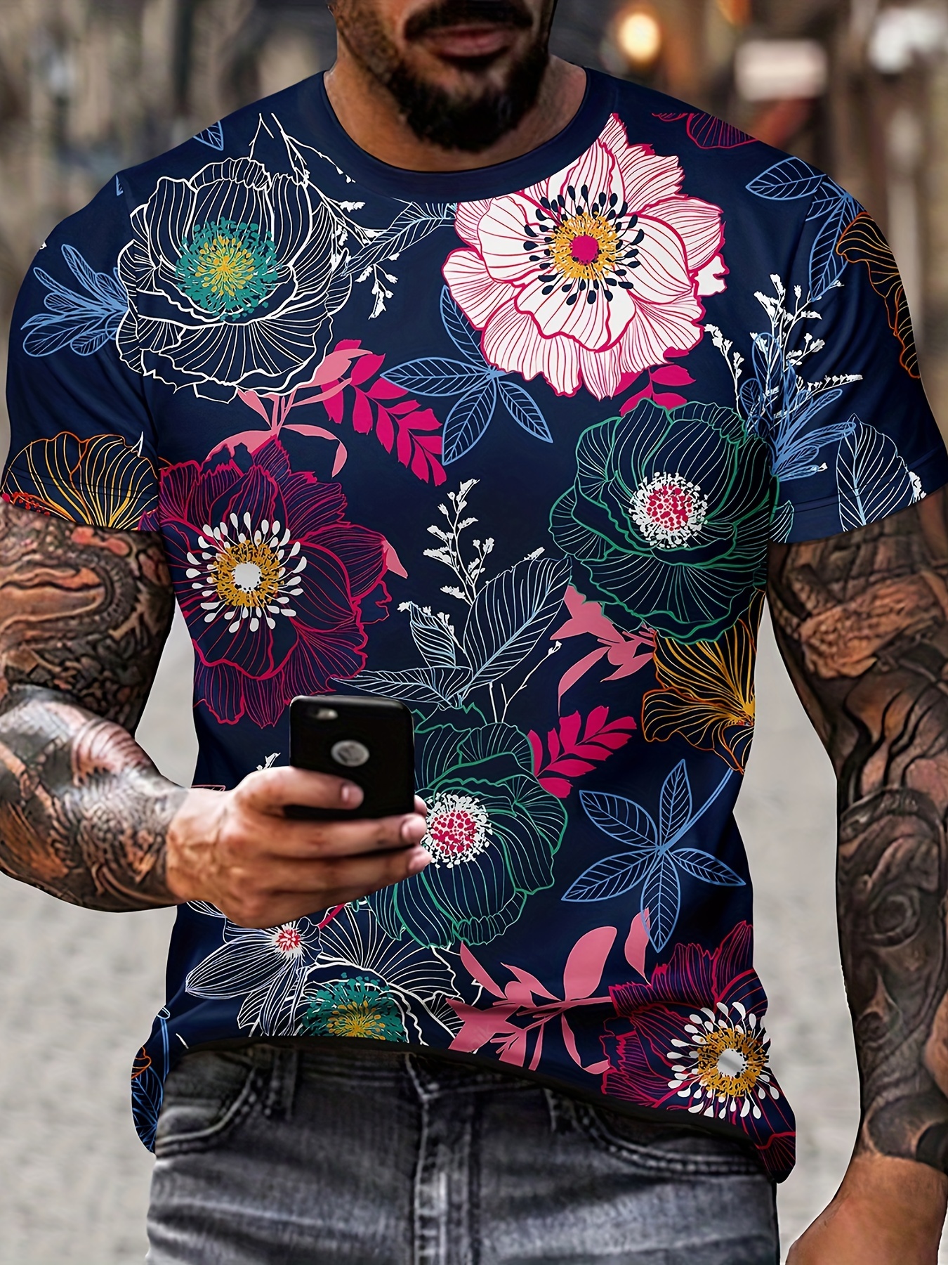 Men's Simple Rose Print T-shirt - Temu