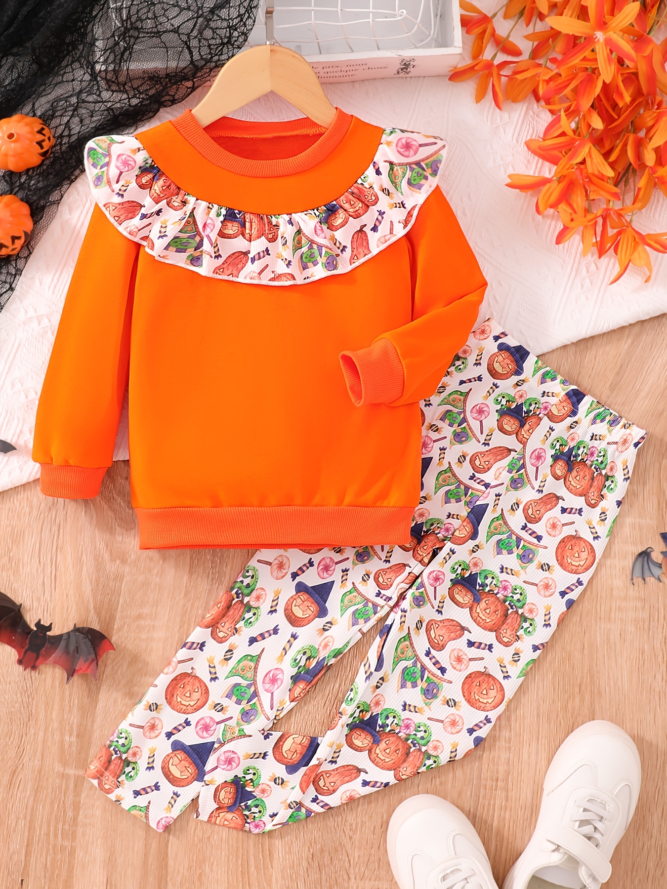 Halloween Girl Print Pullover + Pumpkin Graphic Flare Pants - Temu