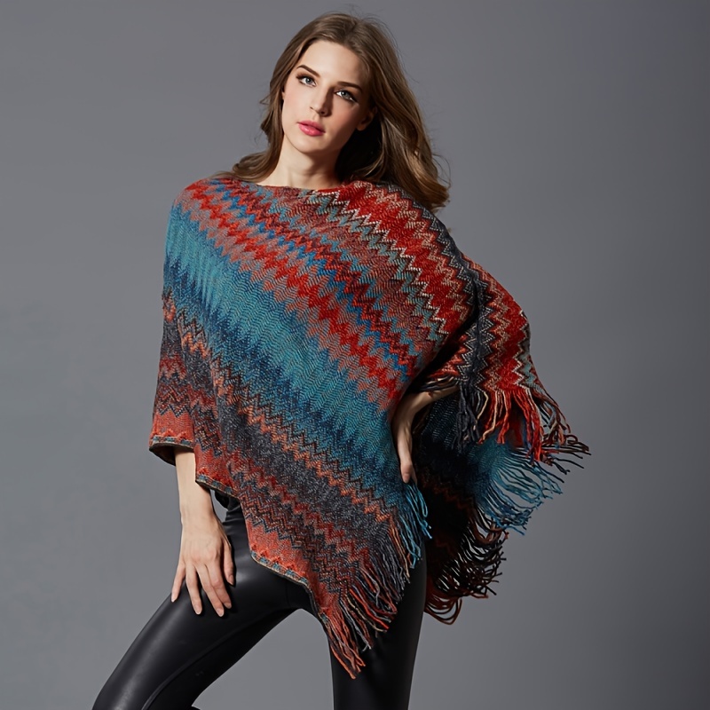 Women Cape Knitted Poncho Sweater Loose Tassel Turtleneck Shawl Blanket