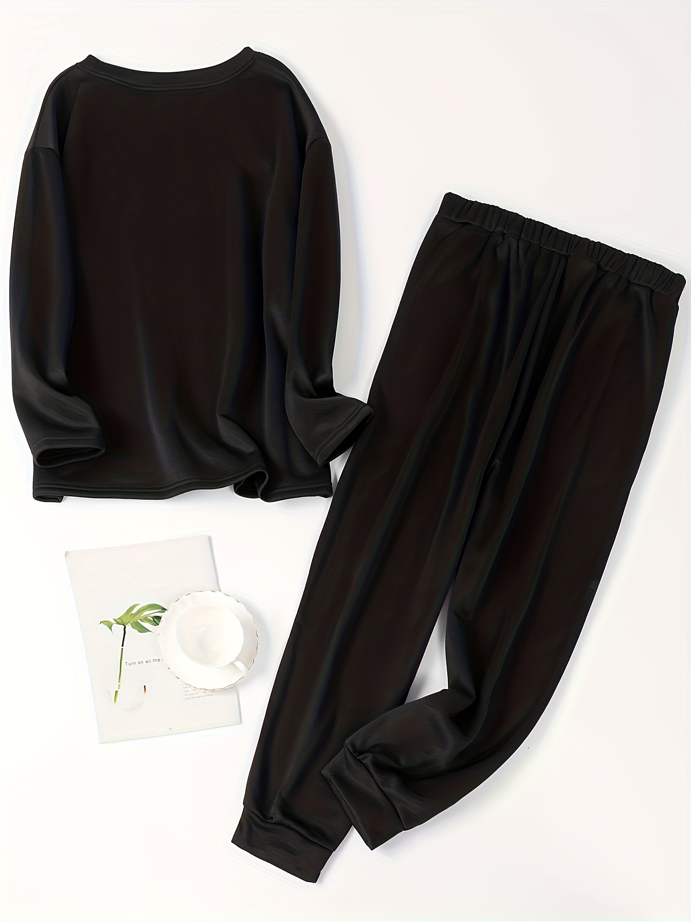 Women's Plus Cat & Slogan Print Fleece Tee & Jogger Pants Set