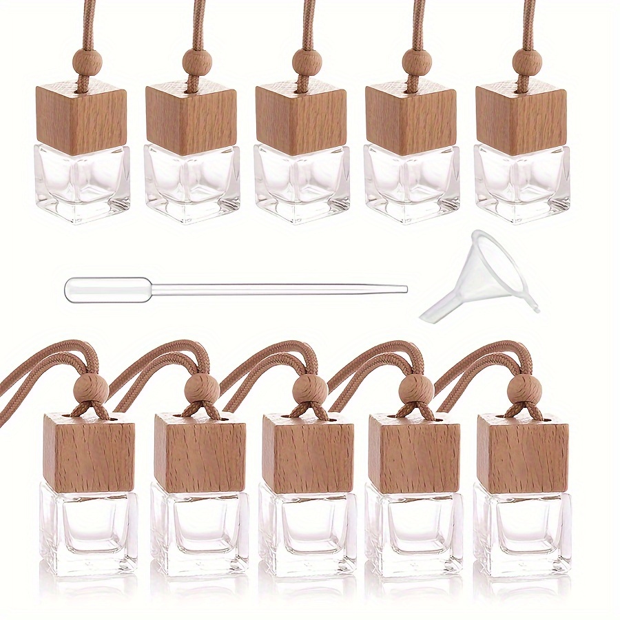 

10 Pcs 8ml Car Air Freshener Ornament, Empty Clear Glass Essential Oil Diffuser Perfume Aromatherapy Pendant Vials With Wooden Caps & Hanging String - Free 1 Funnel & Dropper