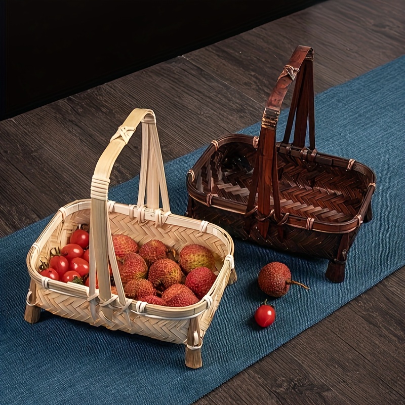  Rectangular Wooden Basket, Natural Hand Woven Storage Basket  with Leather Handles for Sundries Toys Fruits : Baby