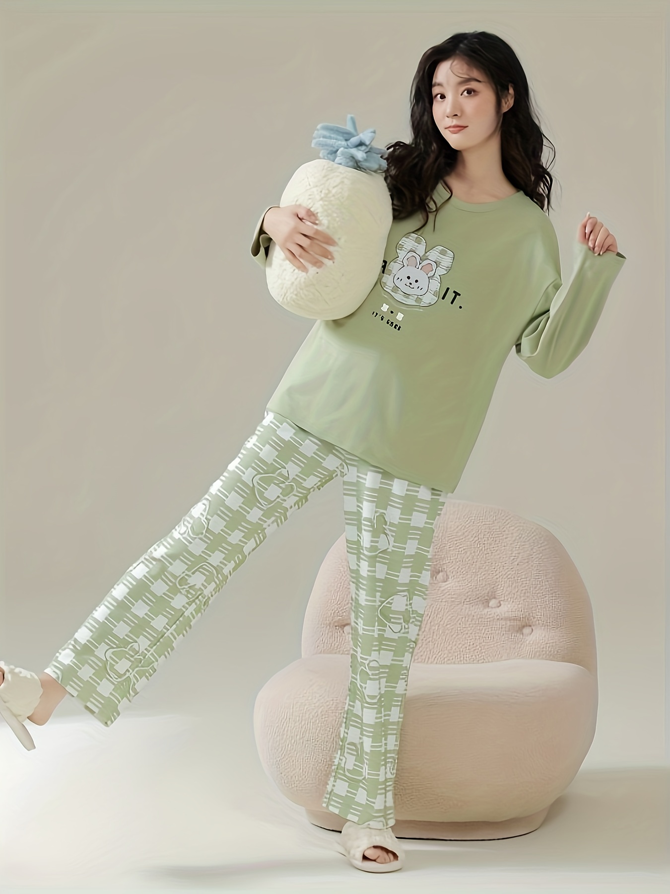 Cartoon Bunny Print Pajama Set Long Sleeve Crew Neck Top - Temu Canada