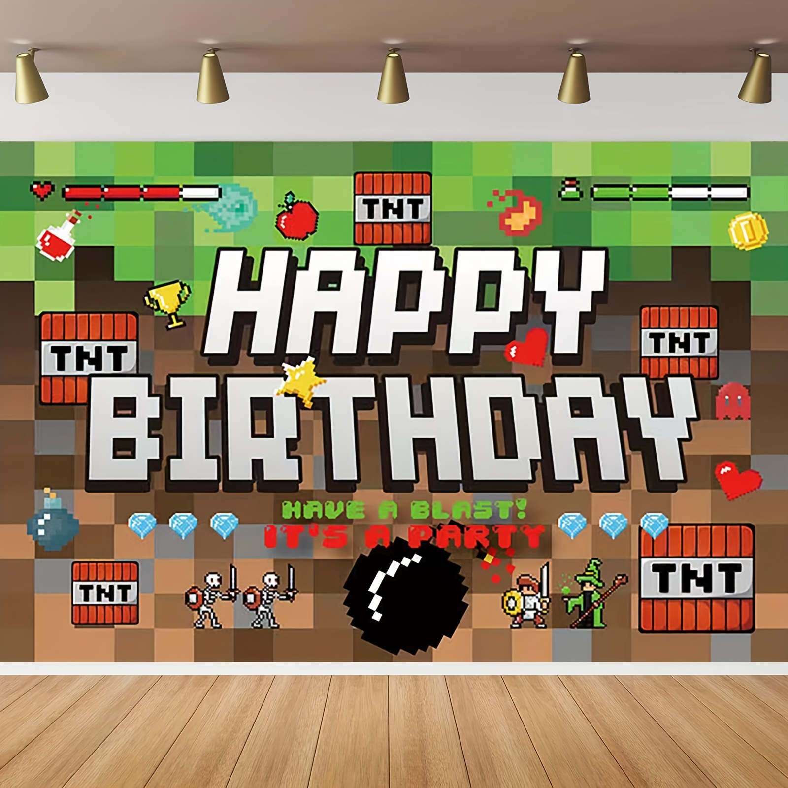 Pixel Theme Party Decoration, Happy Birthday Backdrop Banner ...
