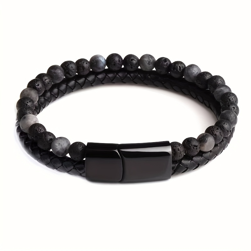 Double Layer Leather Braided Bracelet, Natural Tiger Eye Stone