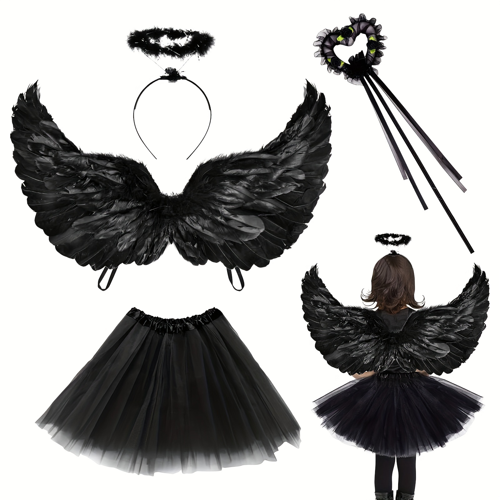 Schwarze Engelsflügel und Halo und Feenstab für Kinder Engel Kostüm  Erwachsene für Halloween, Heiligabend
