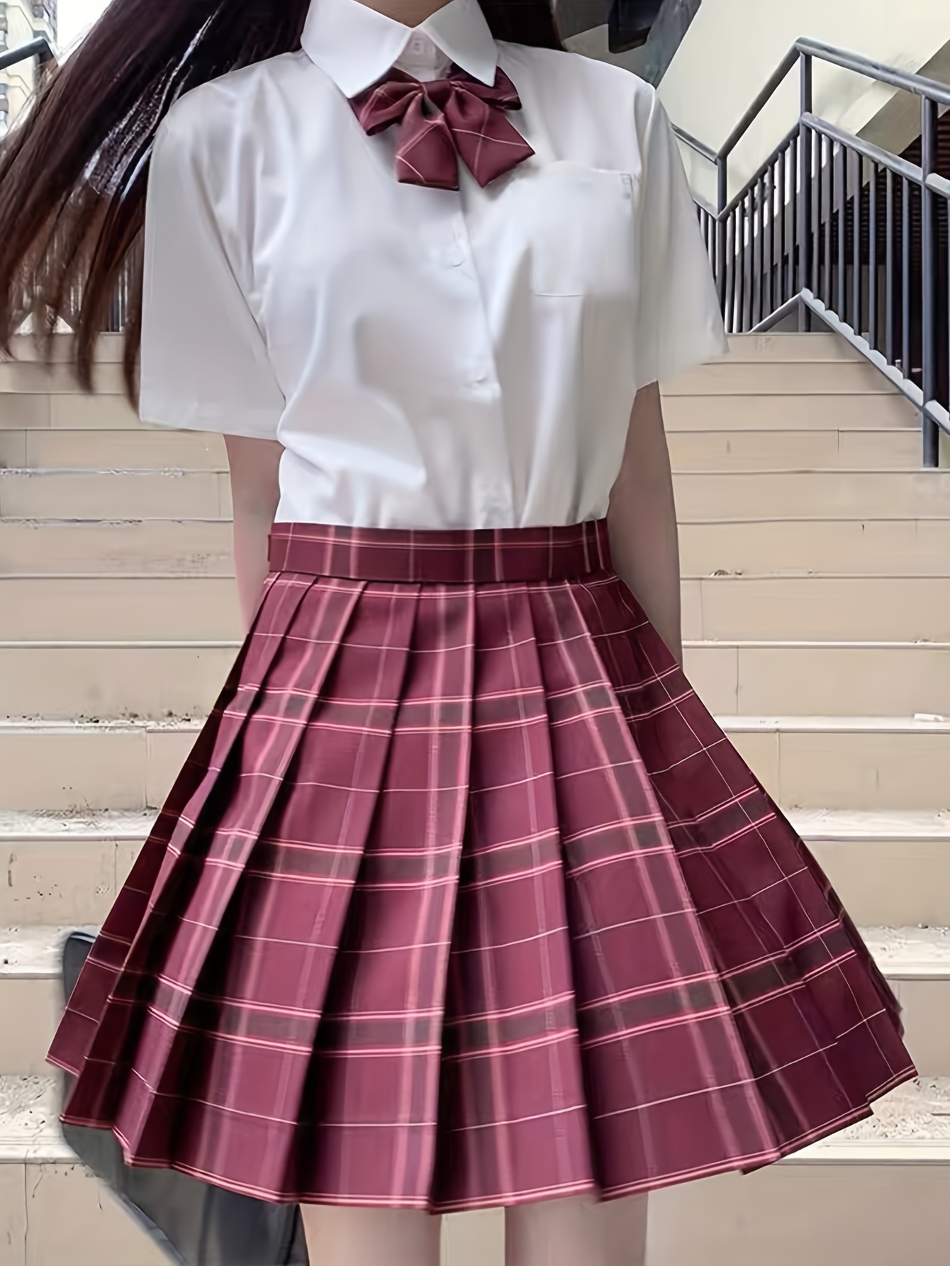 Falda larga de uniforme para mujer de cintura alta elástica, línea A, lisa,  plisada, con vuelo, para colegiala