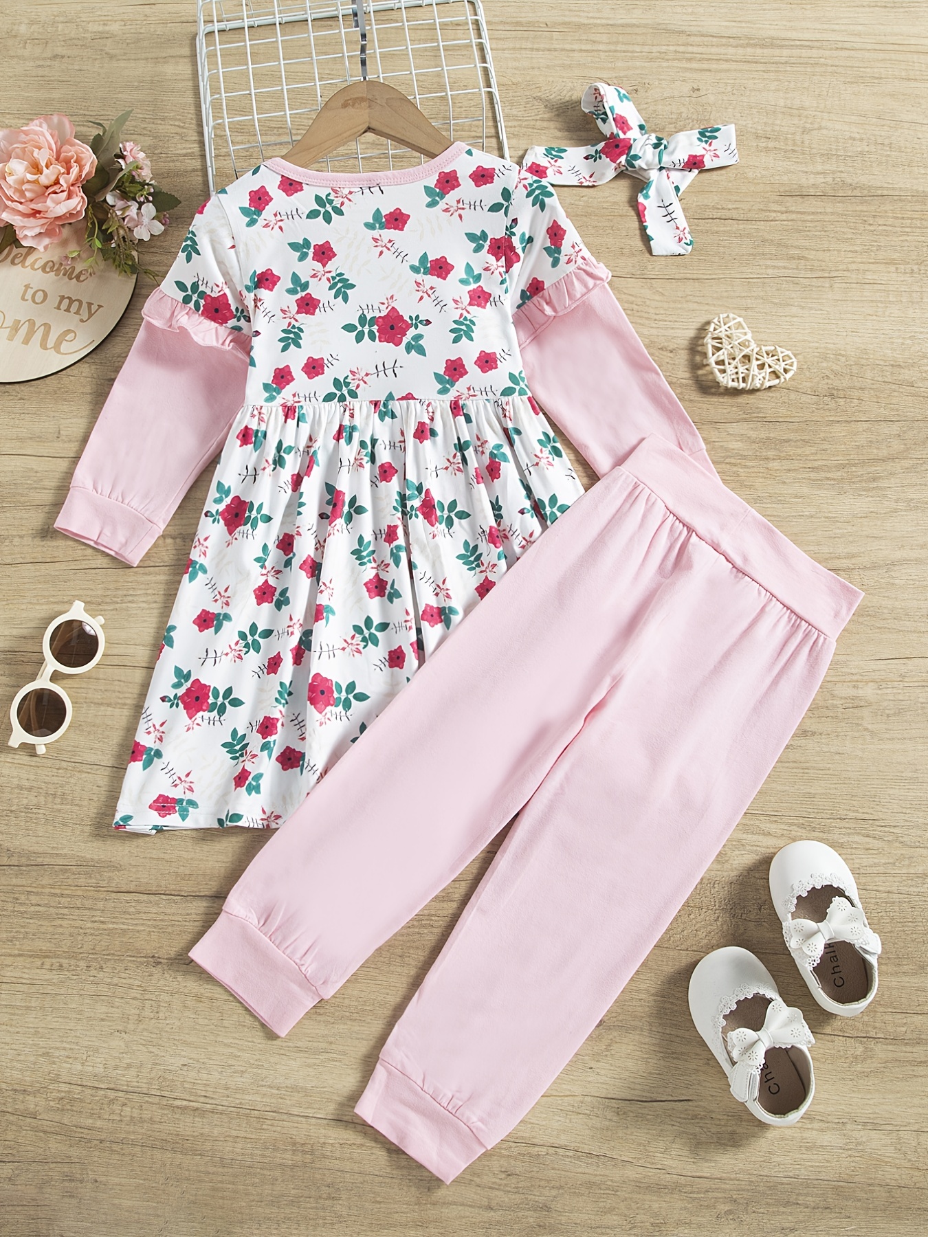Kid Girl Floral Pattern Long-sleeve Pink Dress