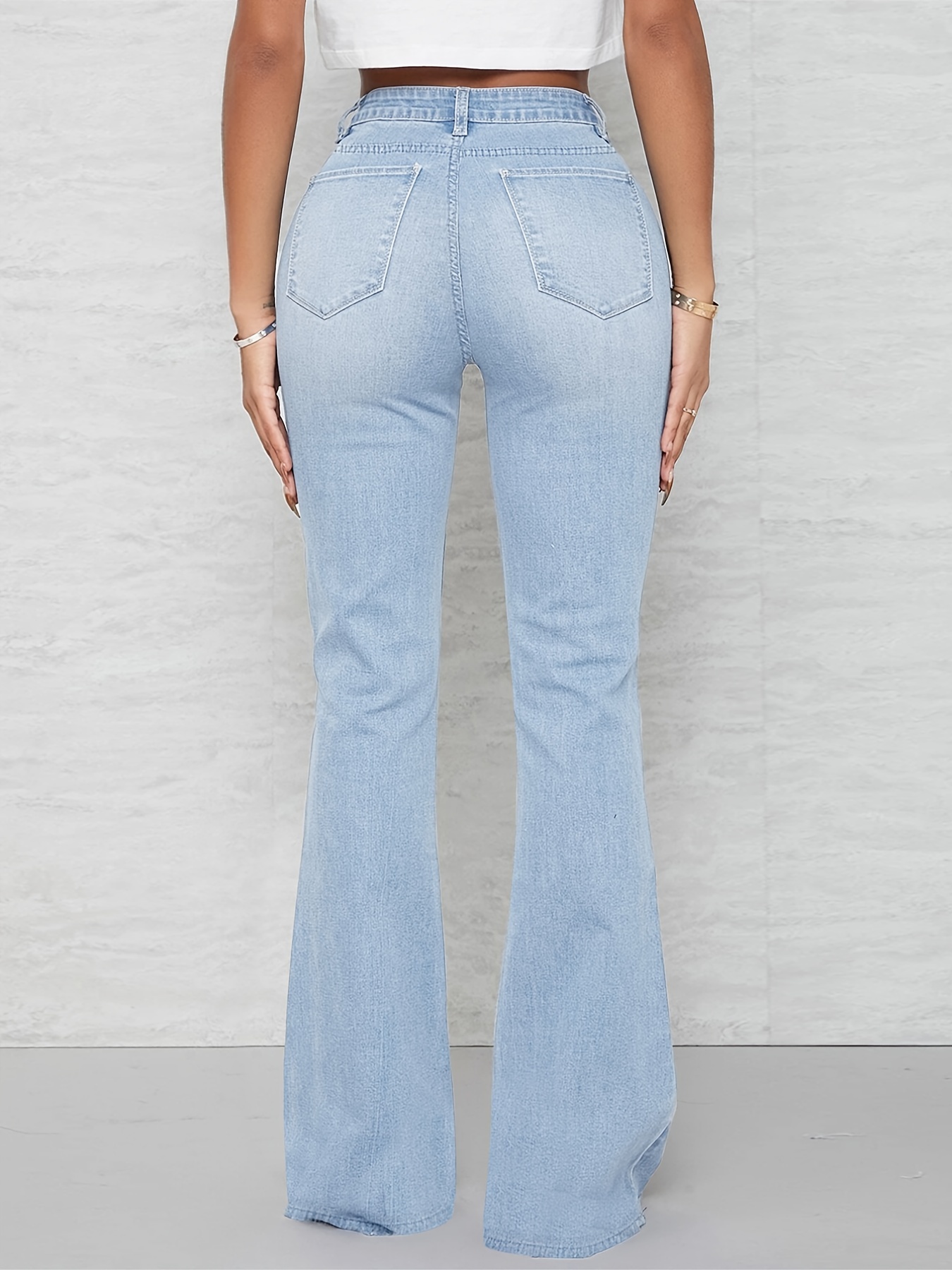 Women Solid Light Blue Mid Rise Mini Flare Jeans