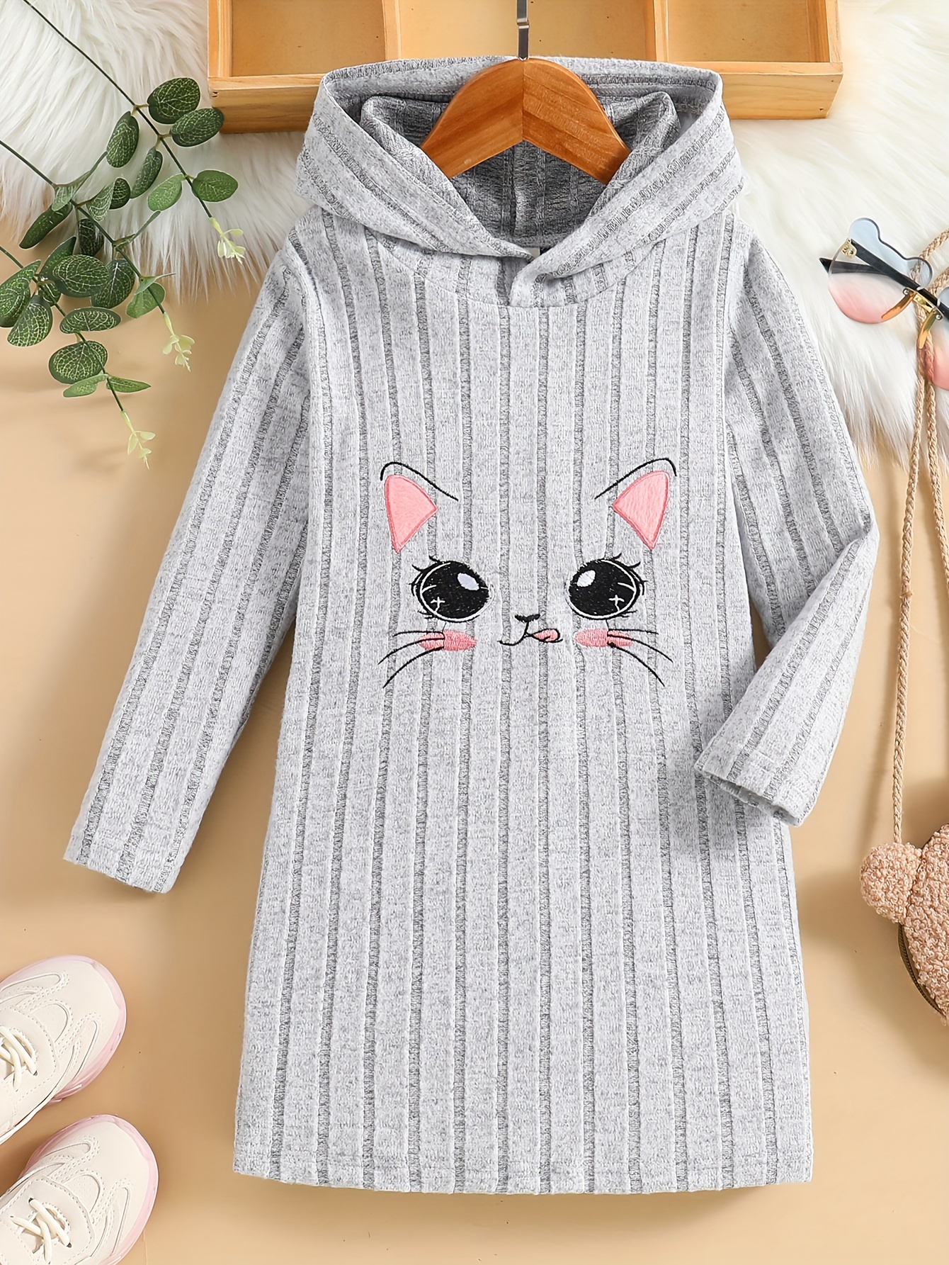 A Casual Long-Sleeve Dress for Girls with a Cartoon Embroidered Design, Perfect for Spring And Autumn Outings