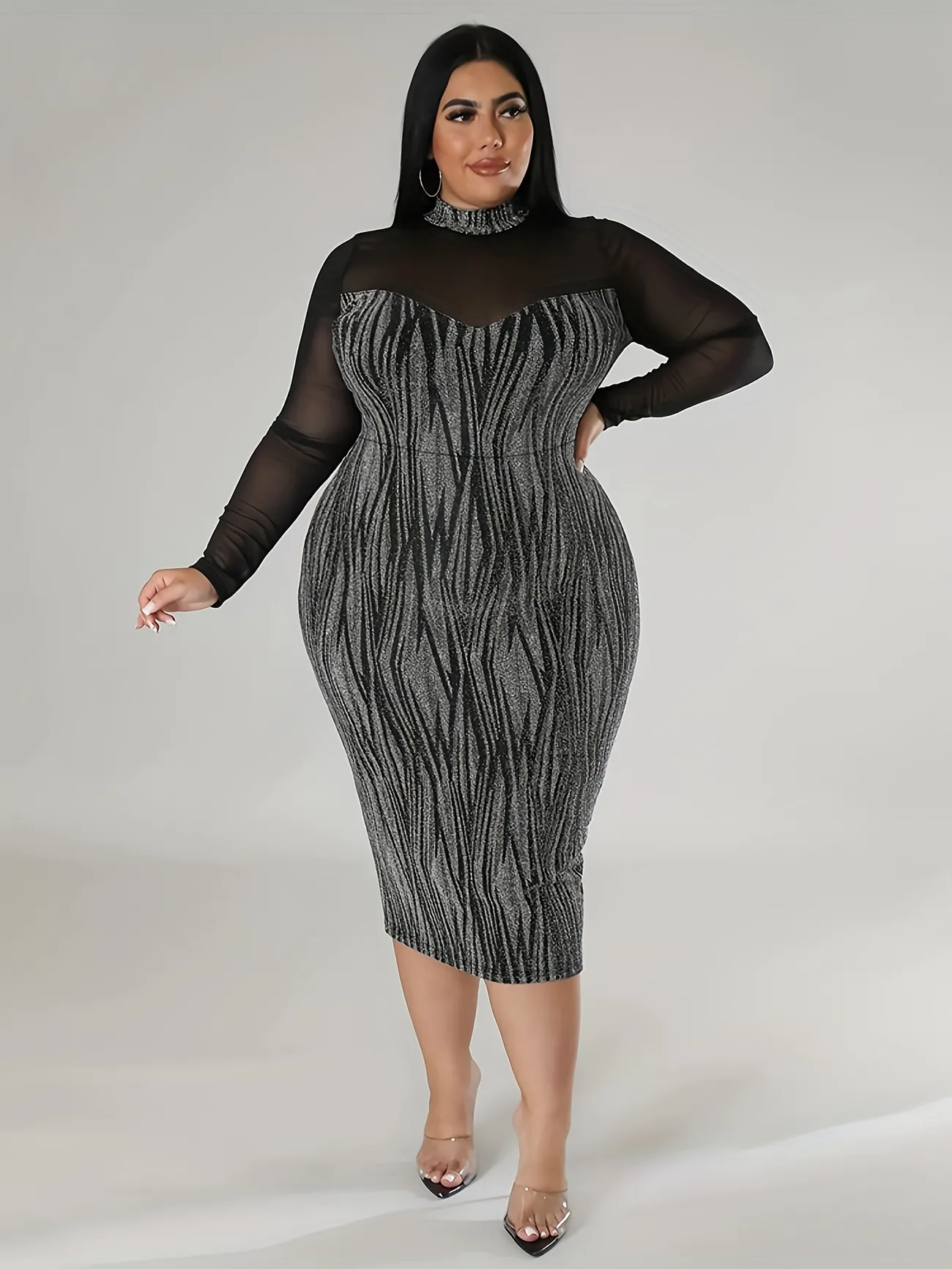Plus Size Sexy Dress, Women's Plus Shiny Geometric Print Contrast Mesh Mock Sleeve Bodycon Dress - Temu Australia