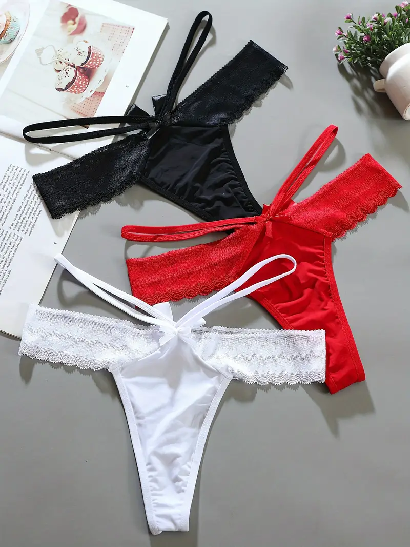 Contrast Lace Thongs Hollow Bow Intimates Panties Women's - Temu