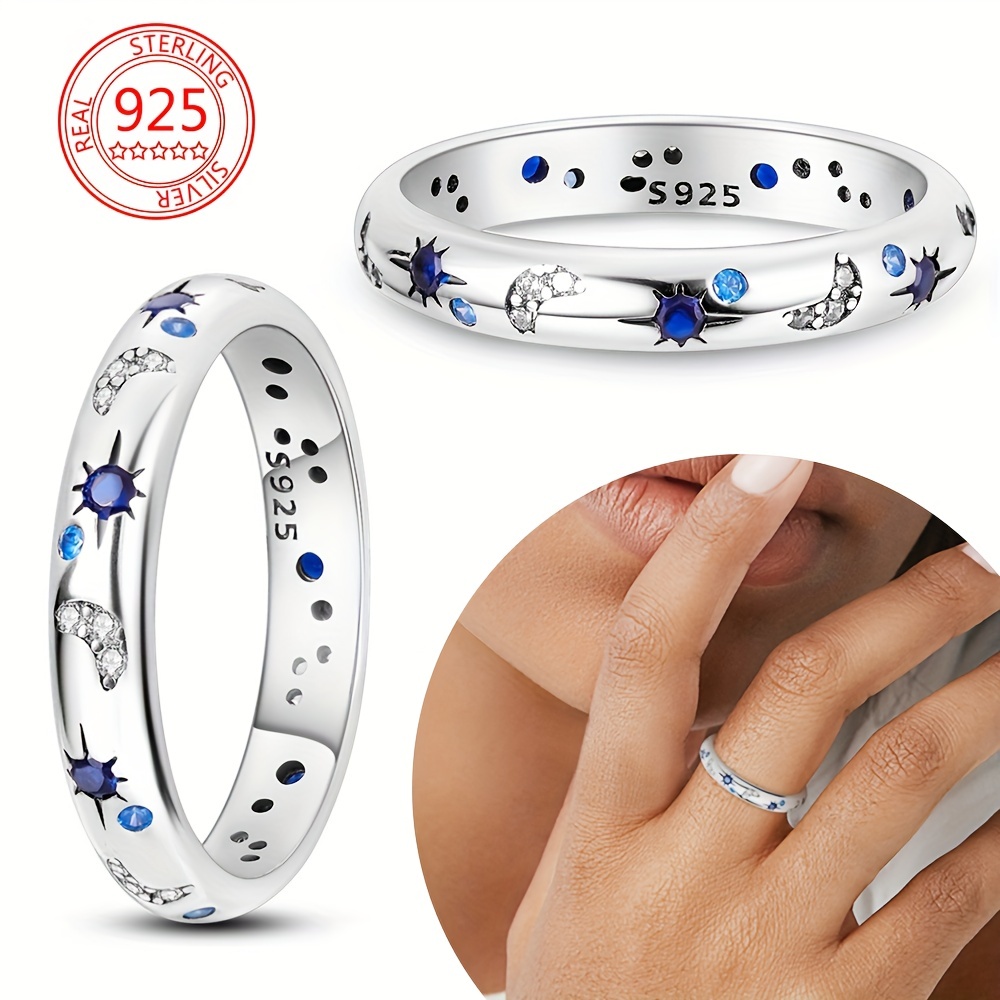 925 Sterling Silver Ring Moon And Star Patterns Inlaid Rhinestone