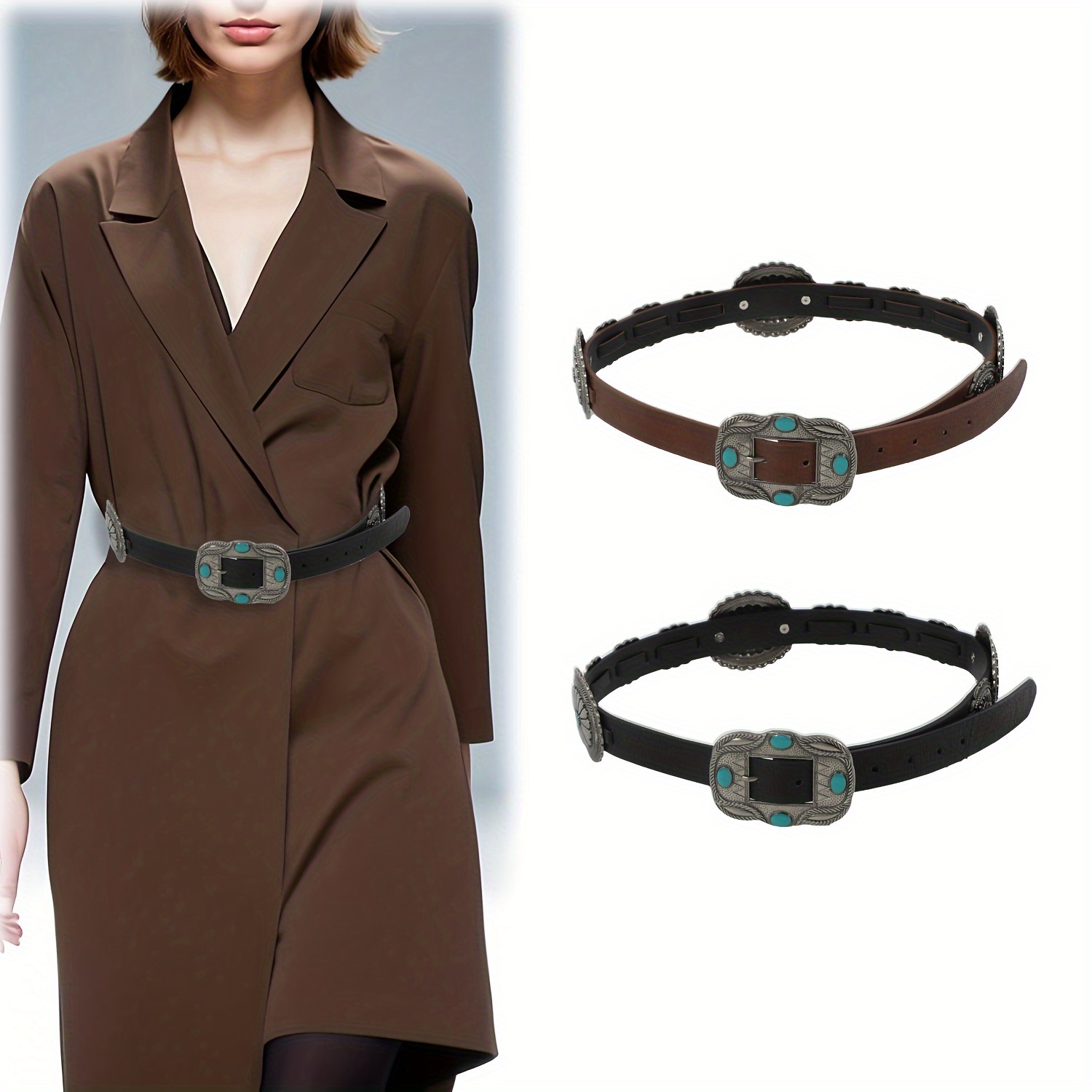 

Turquoise Belt Vintage Pu Leather Western Belts For Women Adjustable Waistband For Coat Dress