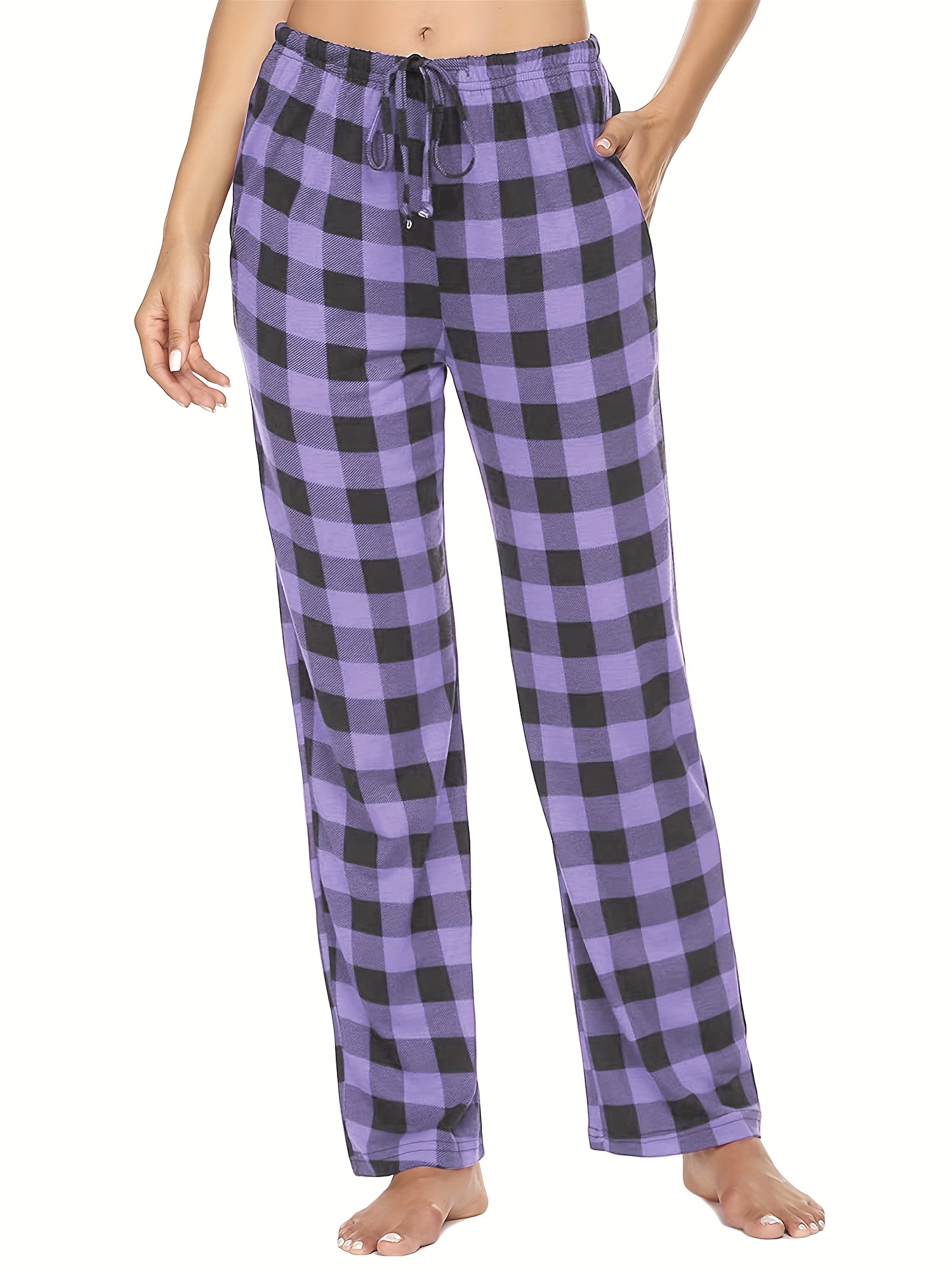 Pantalones de pijama a cuadros de búfalo para mujer, con cordón de pierna  ancha, pantalones de descanso cómodos a cuadros, pantalones de pijama