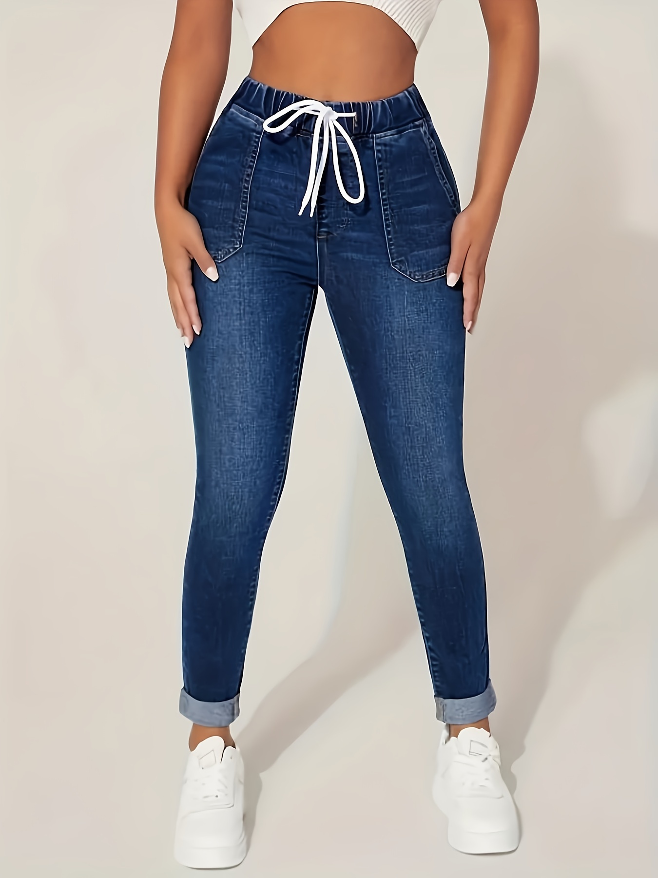 Drawstring Elastic Waist Skinny Jeans High Stretch Slim Fit - Temu