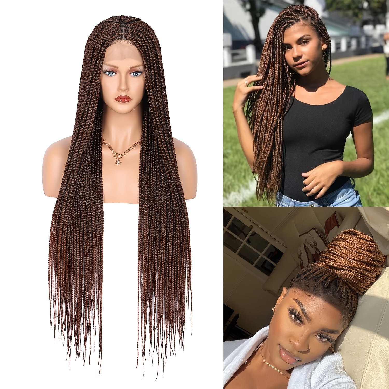Ombre Synthetic Full Lace Braided Wigs 36 Inch Long Knotless Box Braid  Frontal Wig Brown Full Lace Box Braids Lace Front Wigs - AliExpress