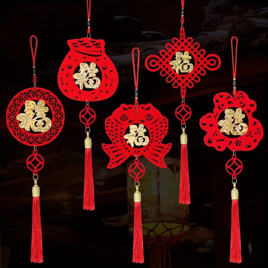 Noeud chinois Filfeel, décorations du nouvel an, 6 pièces noeud chinois  rouge bricolage Fu gland noeud pendentif jardin cour suspendu décoration  cadeau 