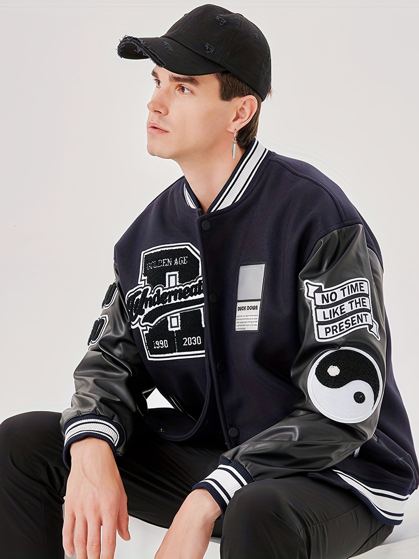 Varsity Jacket Baseball Letterman Bomber School Collage Of Light Grey Wool  and Genuine Navy Blue Leather Sleeves at  Men’s Clothing store