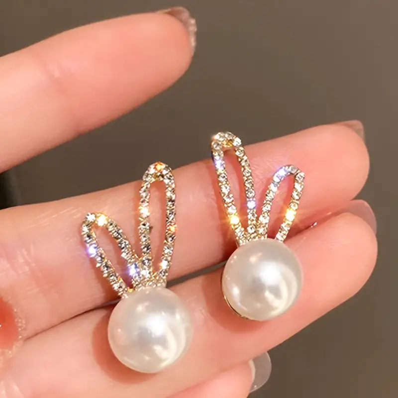 adorable rabbit design stud earrings alloy jewelry embellished with imitation pearl cute elegant style for women party ear decor details 1
