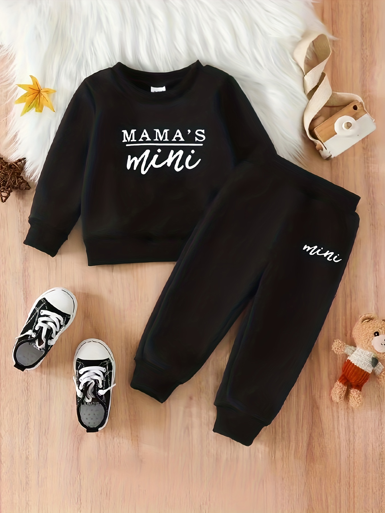 Baby Cute MAMA S MINI Print 2pcs Outfit Kids Casual Sweatshirt Pullover Top Trousers Set For Fall Winter