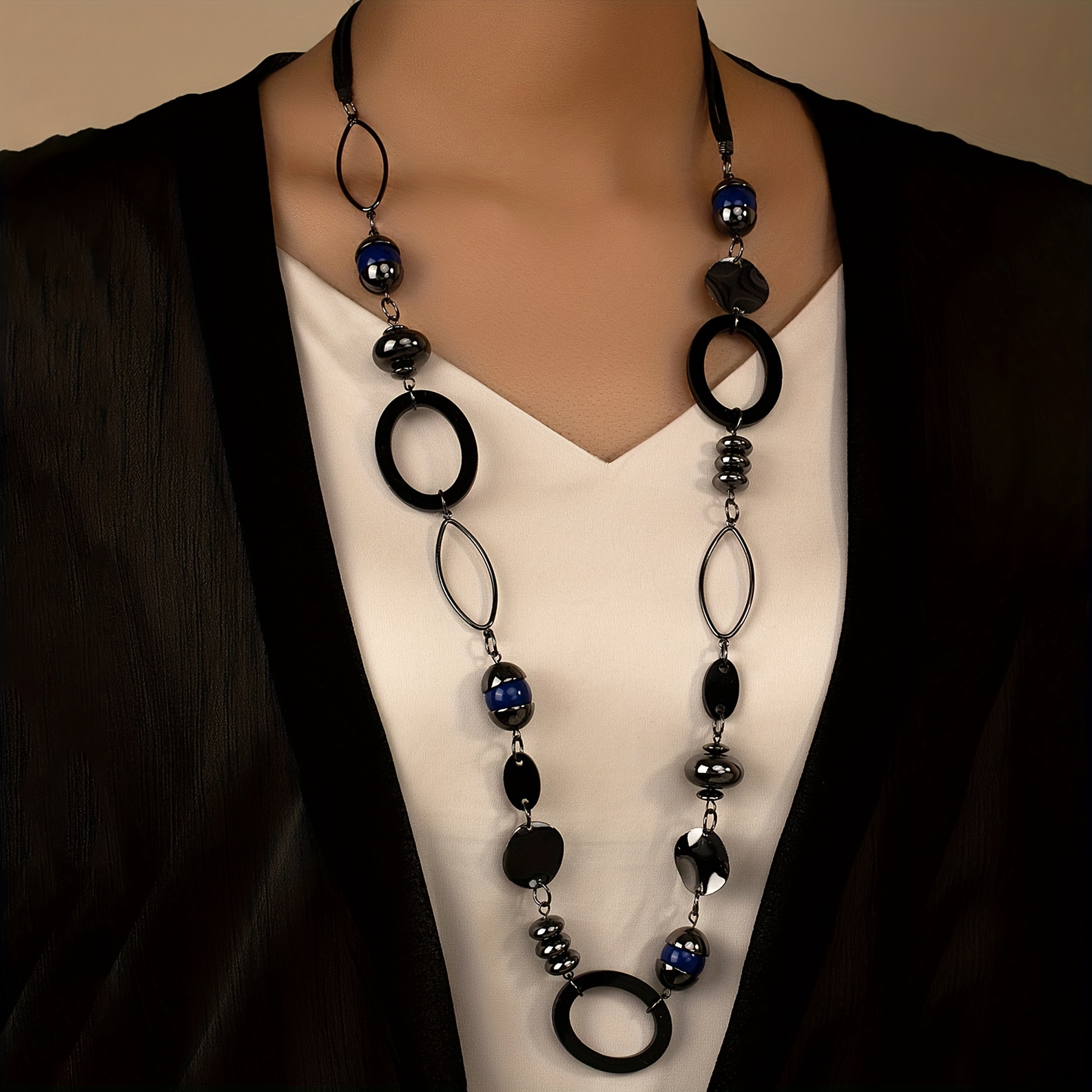 Personality Vintage Black Long Necklace Resin Stone Jewelry