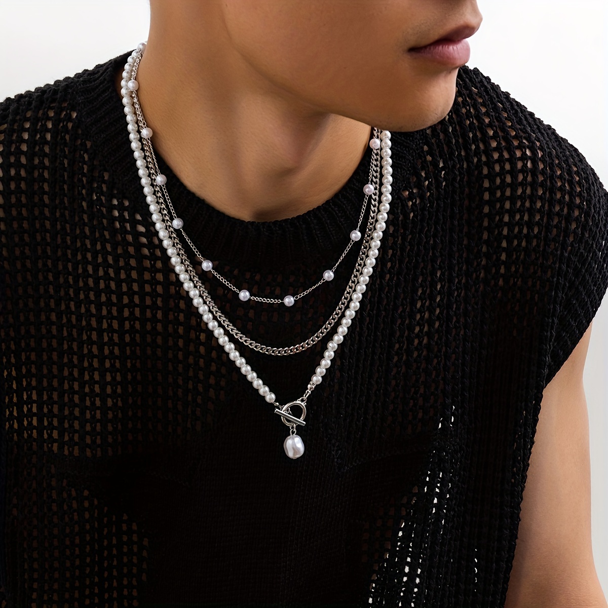 Fashionable and Popular 2pcs Men Faux Pearl Beaded Necklace Stainless Steel  for Jewelry Gift and for a Stylish Look