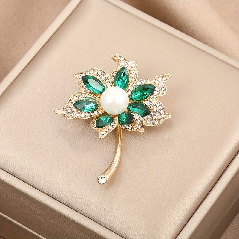 Vintage Rhinestone Brooch, Faux Emerald Brooch, Vintage Flower