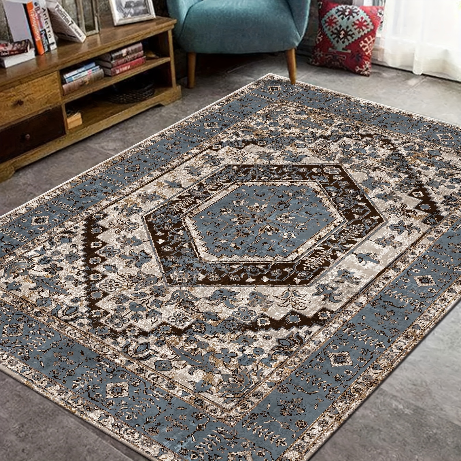1pc Luxury Moroccan Vintage Boho Persian Carpet - Non-Shedding Ethnic Style  Rug for Living Room, Bedroom, Coffee Table, Dining Room, Machine Washable