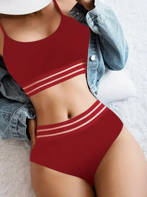Solid Color Strappy Crop Top High Waisted Bikini Bottoms Swimwear Set