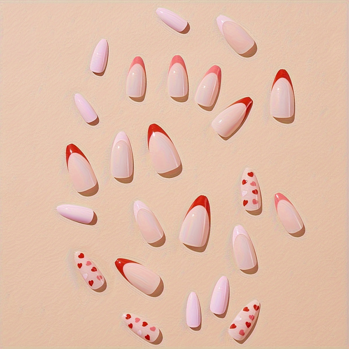 24pcs french tip press on nails medium with pinkish red heart designs valentines day almond shaped fake nails glossy full cover false nails glue on nails acrylic nails for women and girls 1nail file and 1sheet adhesive tabs included details 1