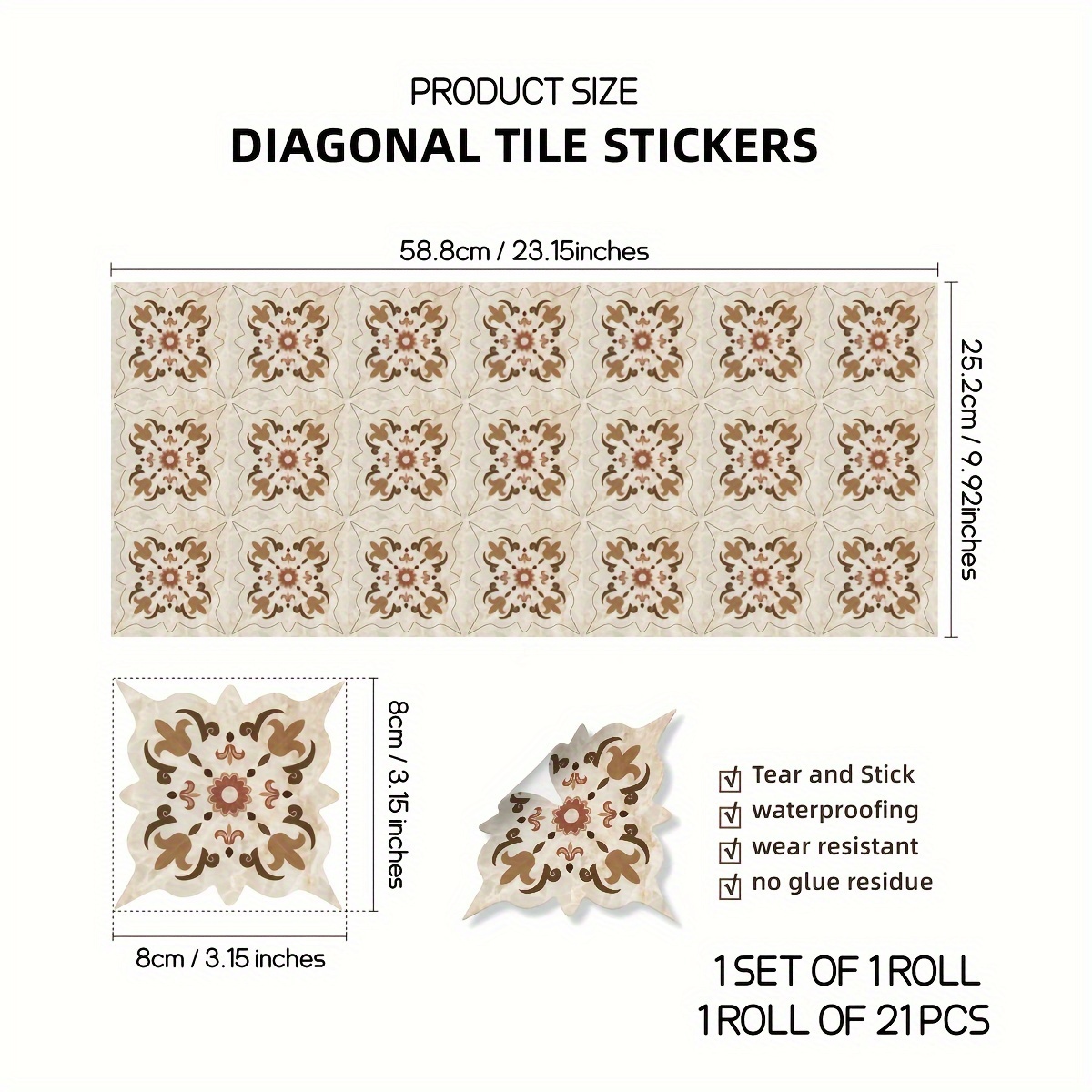 Image of 1 Set Of 21pcs, Moroccan Print Tile Diagonal Self-adhesive Floor Stickers For Living Room, Dining Room, Balcony, Study, Home Decoration Wall Stickers, 23.2x9.9 Inches
