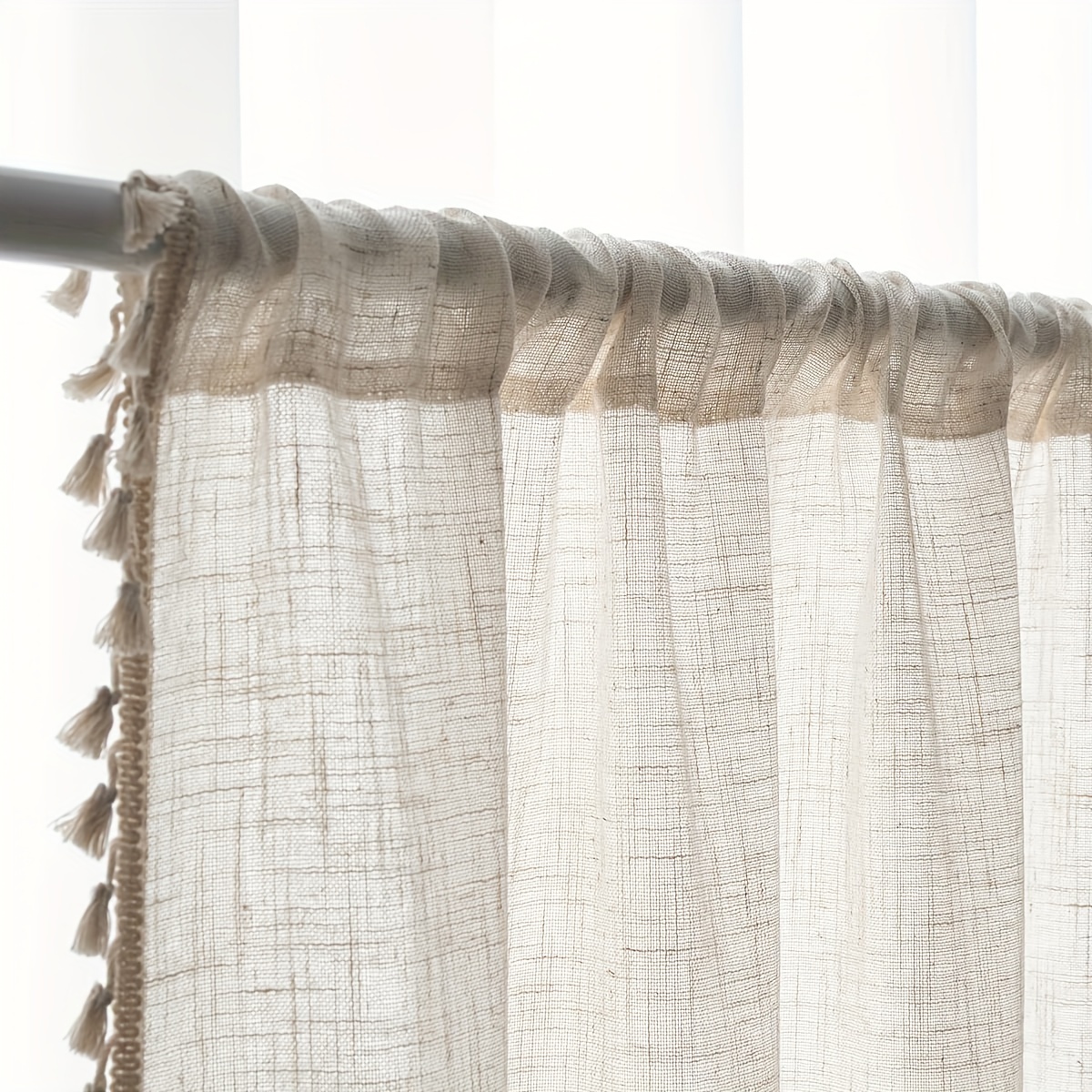 bohemian lace curtains with a rod design made of solid color linen that allows light in but maintains privacy   in natural   sold as a single piece details 3