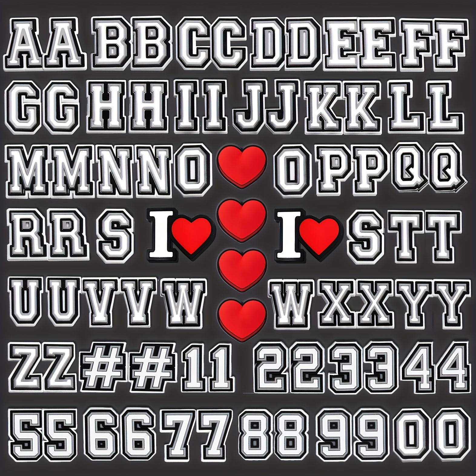 56pcs Double Letter Shoe Charms for Crocs, Alphabet Gibits Charms with 'I Heart' and Hashtag Symbols for Sandals Decorations, Letter Croc Charms