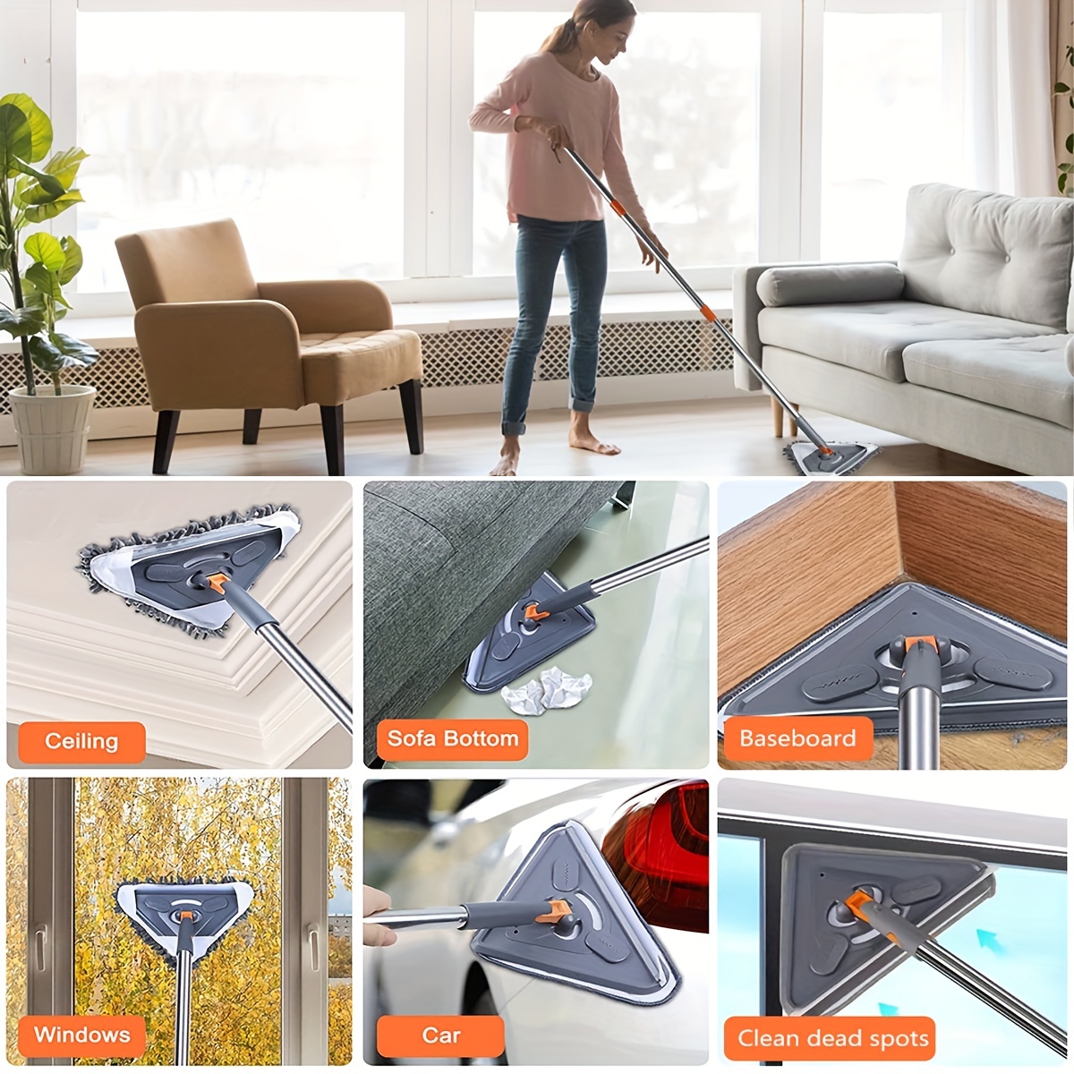 Baseboard Cleaner, 360° Rotatable Wall Mop, Wall & Baseboard Cleaner Tool  with Adjustable Long Handle, Cleaning Tool for Baseboards/Door