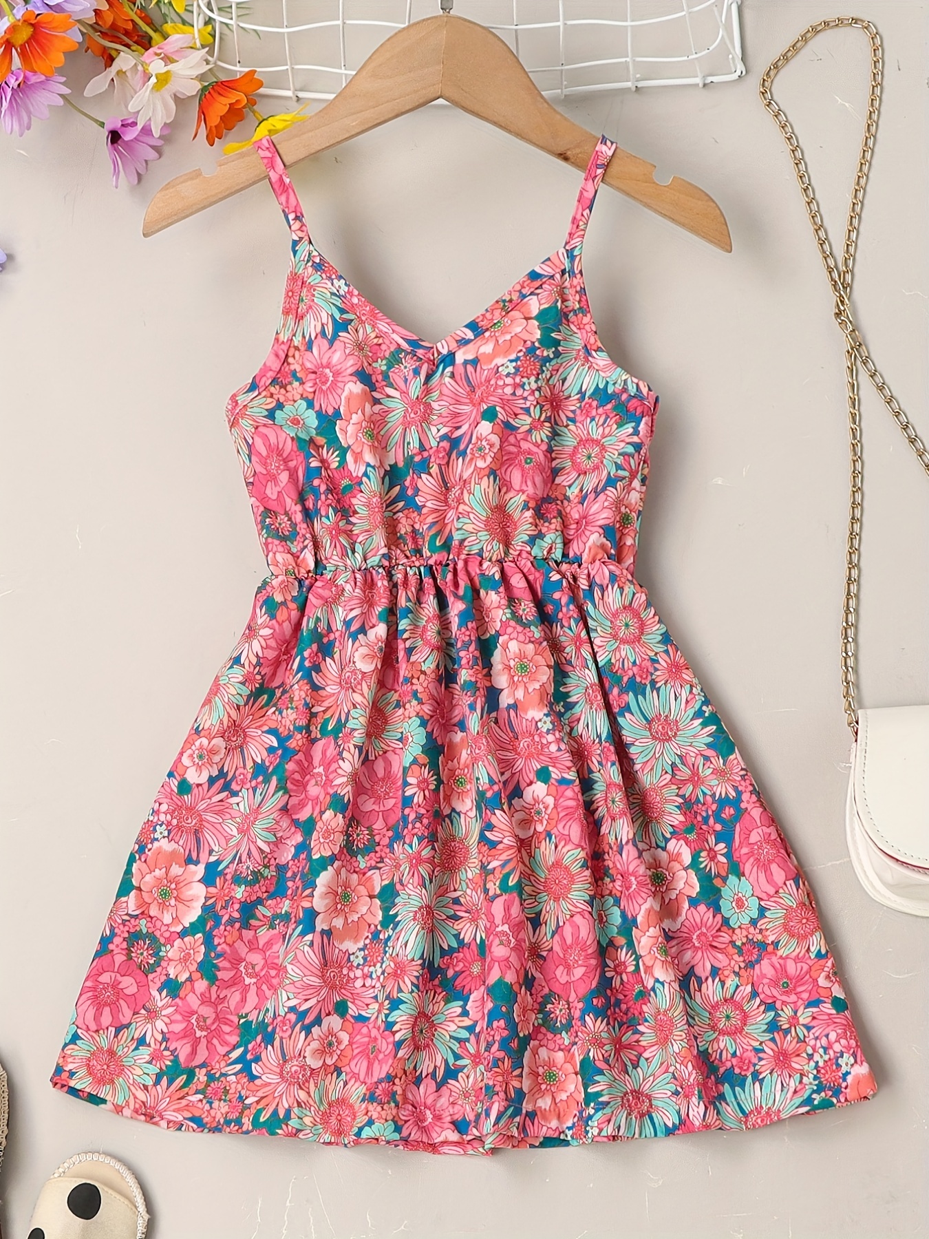 little girls cute sundress floral pattern party beach dress v neck elastic waist camisole dress for summer details 15