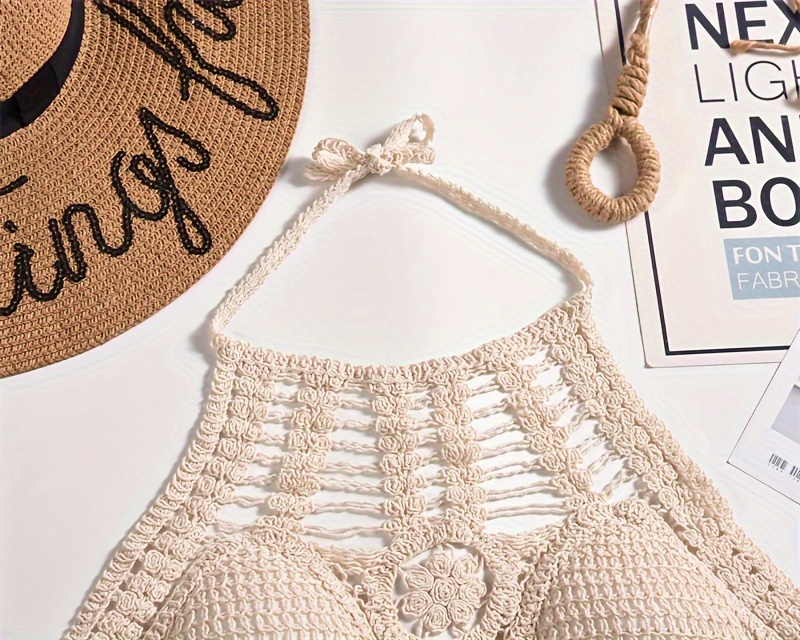 Bohemian Ethnic Women's Swimsuit Top - Lace-Up Halterneck with Chest Cut-Outs, Geometric Embroidery & Adjustable Suspender Straps, Non-Removable Padded Cups, Hand Wash Only, Beachwear Fashion, Laceup Detailing, Intricate Embroidery, Stylish Swimwear, Summer Travelers