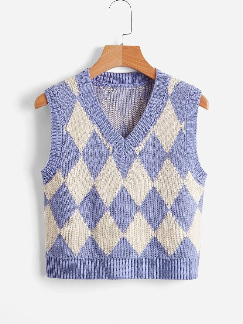 Women's Argyle Plaid Print Knitted Vest, Vintage Sleeveless Fall Winter ...
