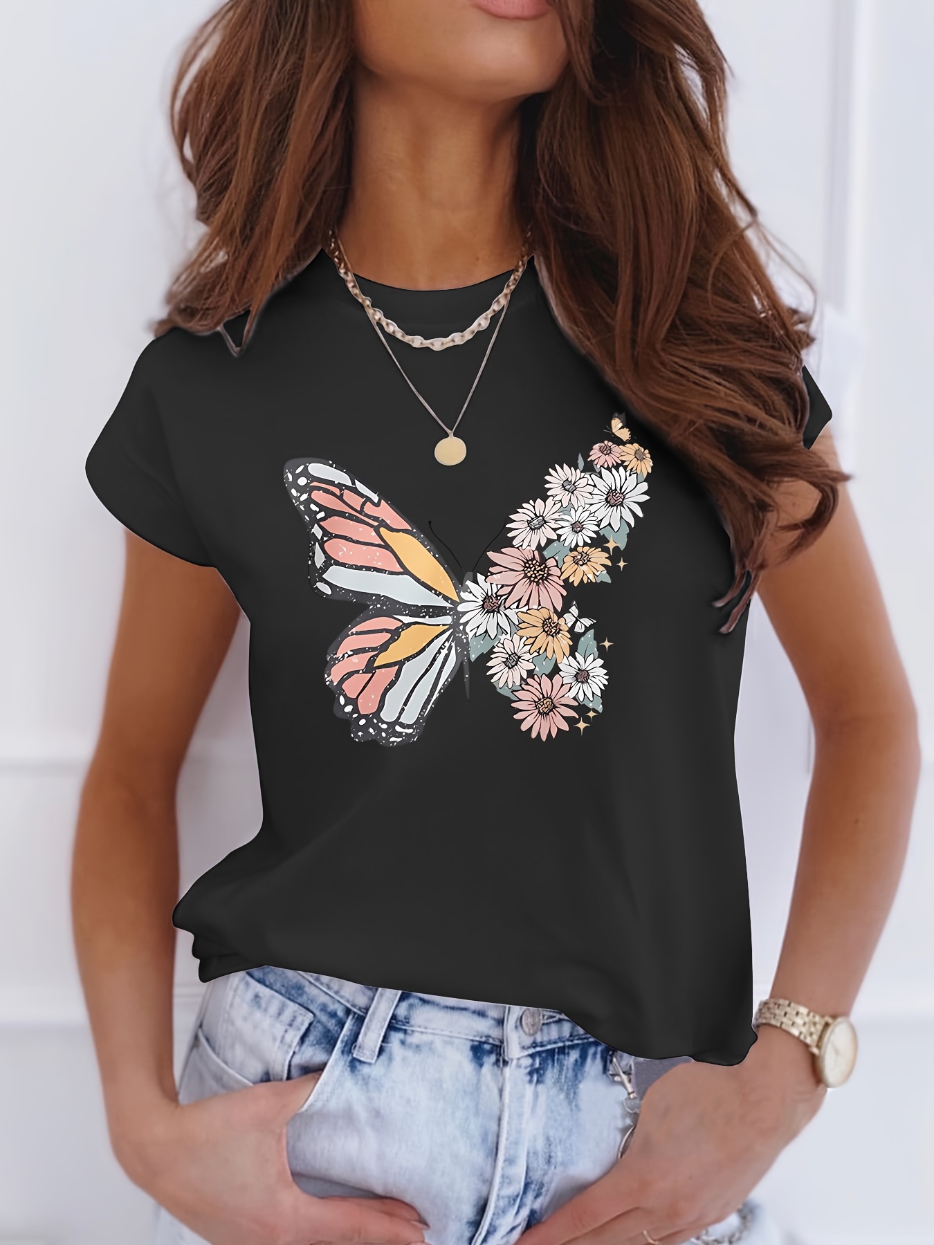 Butterfly Flower Print Sports T Casual Short Sleeves - Temu New