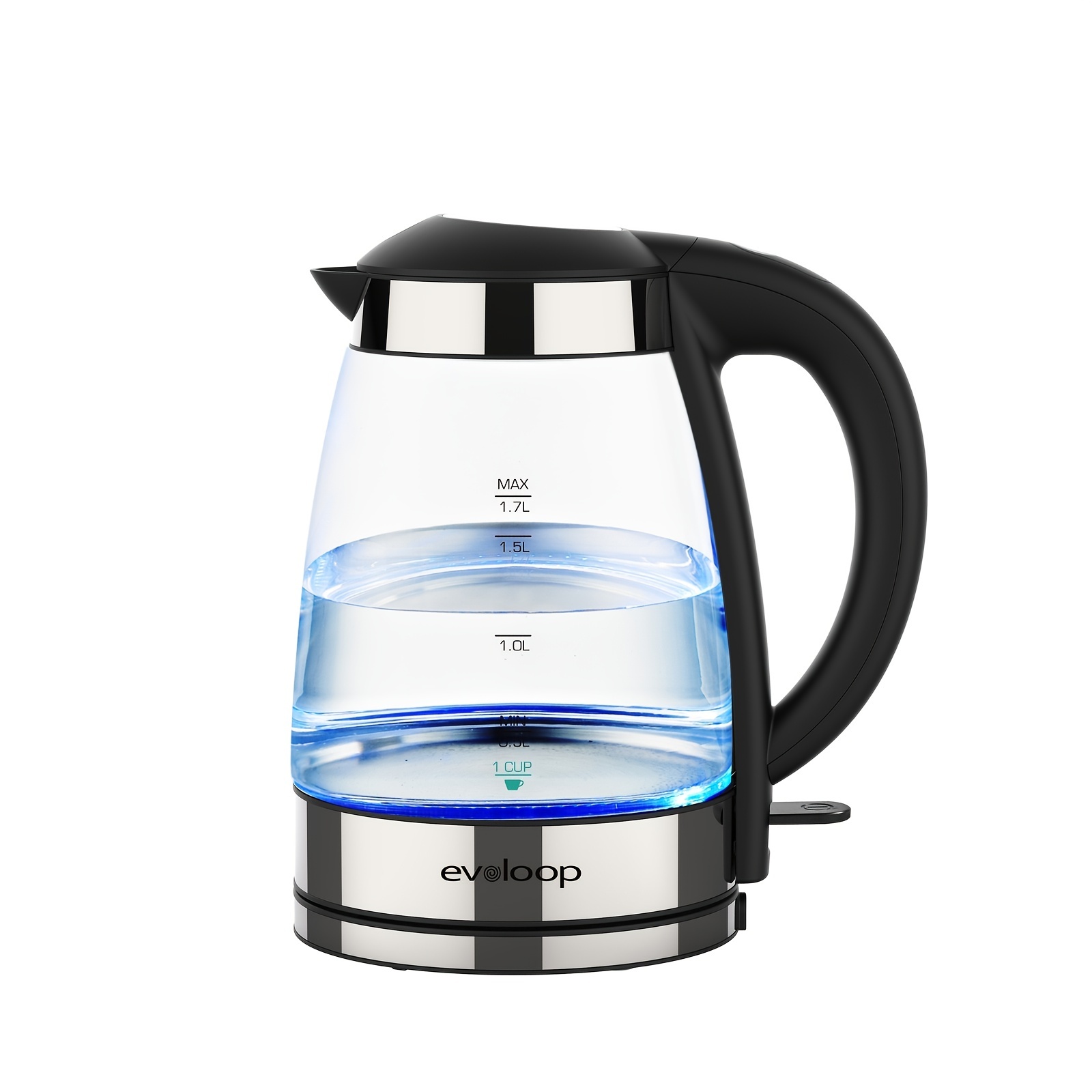  Evoloop Electric Tea Kettle 1.7L Hot Water Boiler, 1500W Glass Water  Kettle with Auto Shut-Off & Boil Dry Protection, BPA Free, Cordless Base &  LED Indicator: Home & Kitchen