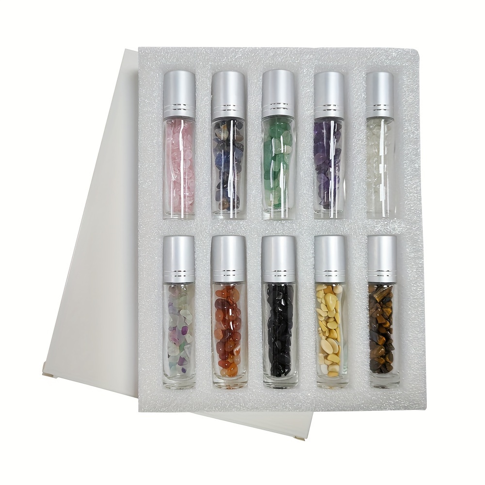

10pcs Essential Oil Bottles Roll On Roller Ball Crystal Chips Semiprecious Stones Bottle 10ml Refillable Perfume Empty Container - Travel Accessories