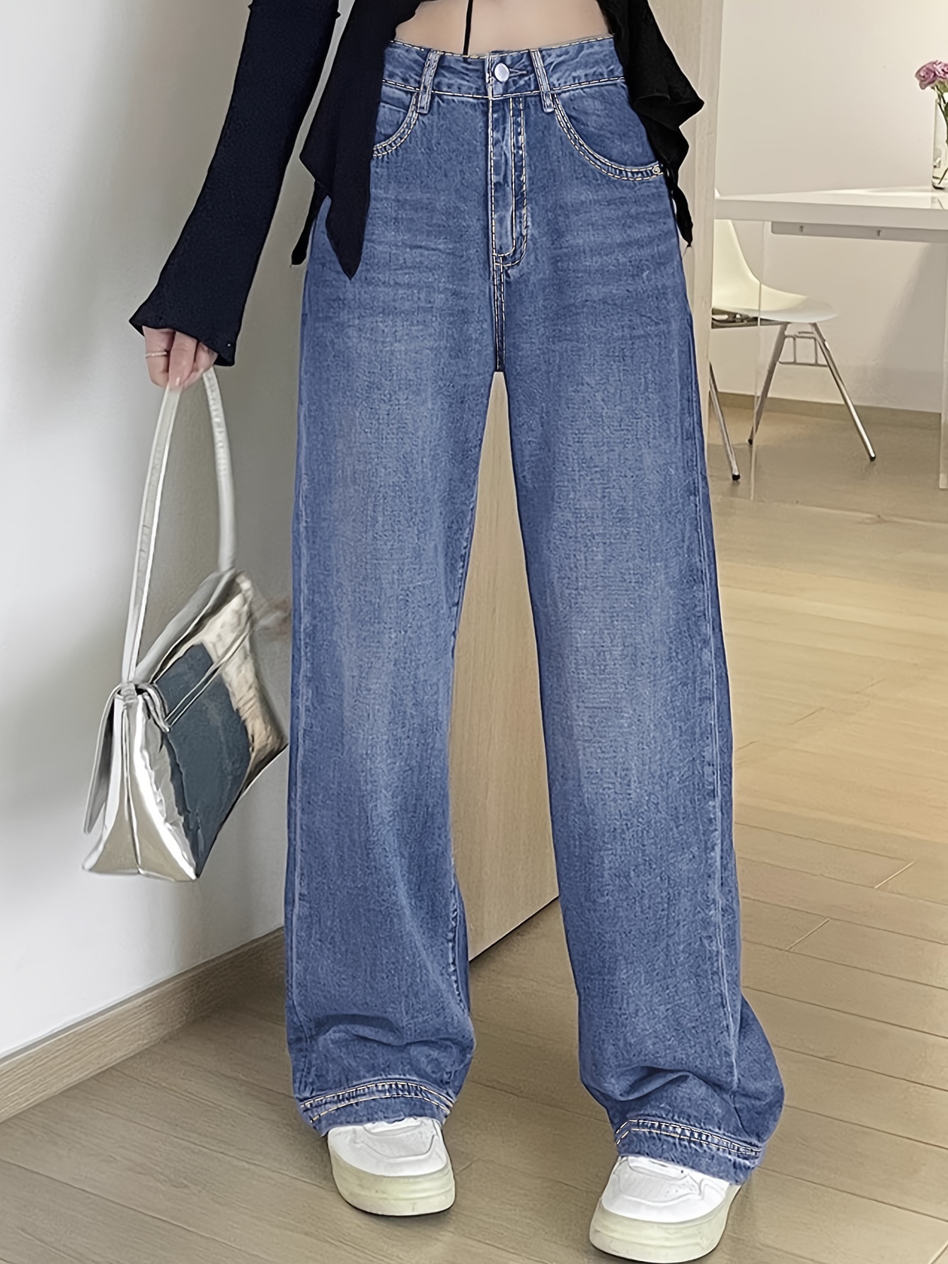 Blue Loose Fit Baggy Jeans High Waist Slant Pockets Retro - Temu