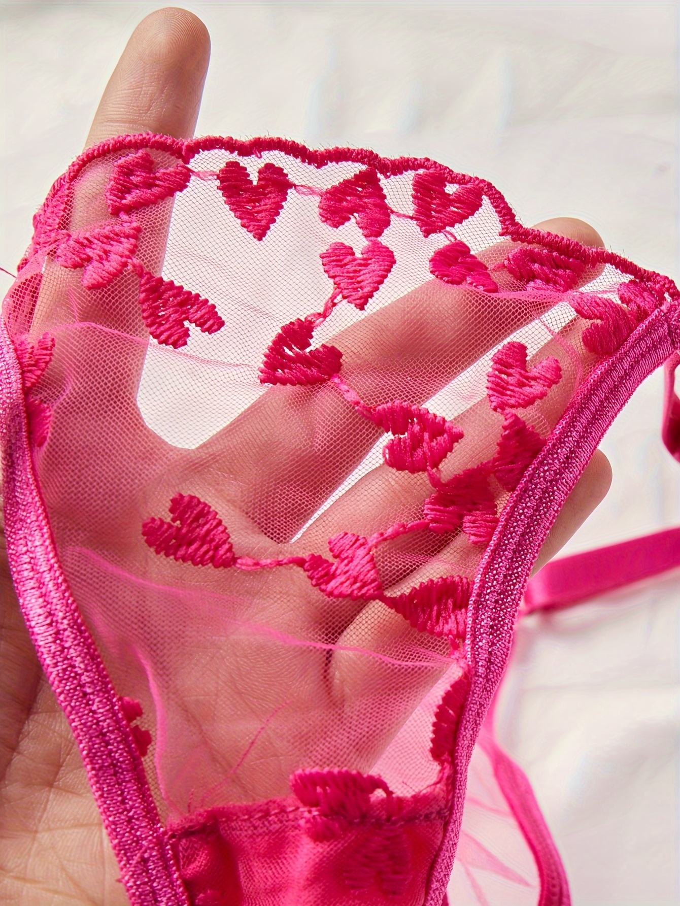 Matching Sets & Garters, Hugging Hearts Embroidery Thong Panty Pink