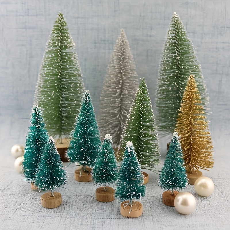 5 PCS Christmas Trees Desktop Miniature Pine Tree Artificial Mini Christmas  Sisal Snow Frost Trees with Wooden Bases Plastic Winter Snow Ornaments