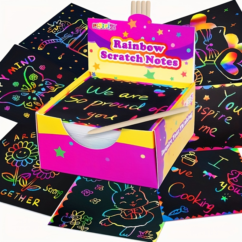 50/100Pcs DIY Magic Rainbow Colorful Drawing Board Rainbow Scratch Art  Paper Card Set With Graffiti Stencil Painting Doodle Toy